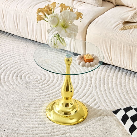 CQSXDA Modern 19.6 Inch Small Metal Side Table With Round-Edge Design and Glass Top For Living Room And Bedroom Use, Gold, Transparent