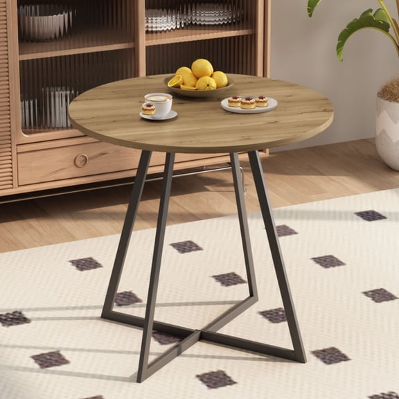 CQSXDA Modern 31.5 Inch Round Dining Table in Brown with Metal Black Legs for 2-4 People Compact Kitchen Table