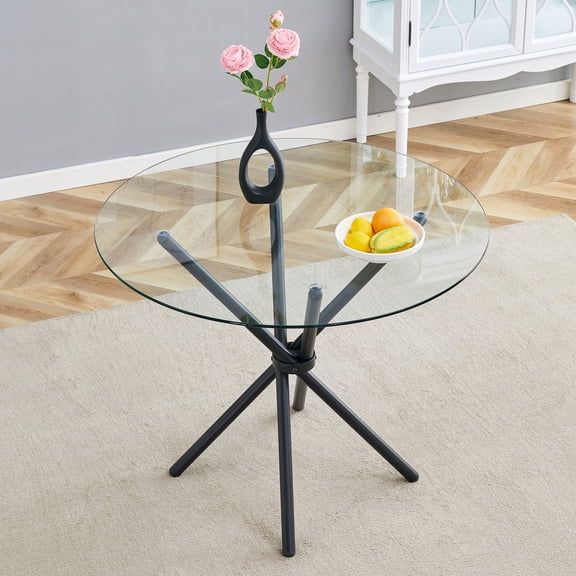CQSXDA Modern 36.6 Inch Transparent Round Tempered Glass Table with Interwoven Black Metal Legs Tempered Glass Top for Dining or Living Room Usage