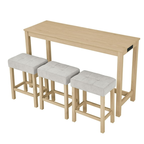 CQSXDA Modern 4 Piece Bar Table and Chair Set with Power Outlet Including 59 Inch Table and 3 Stools for Versatile Use, Light Oak