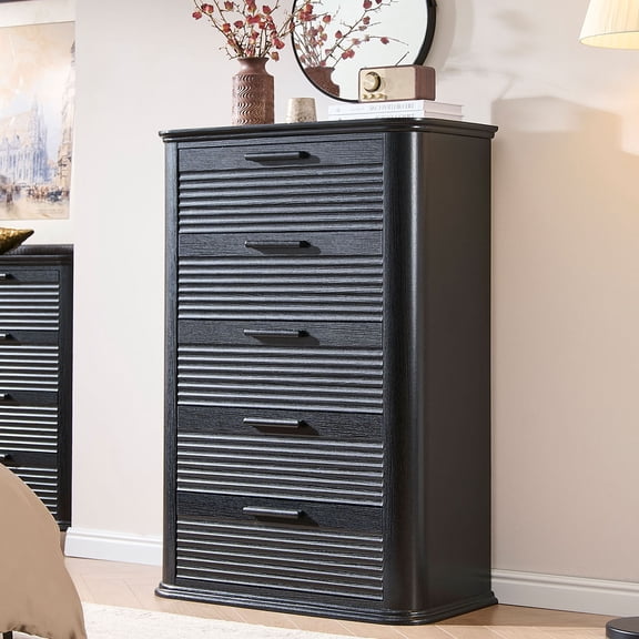 CQSXDA Modern 5 Drawers Dresser with Fluted Design in Wood, 45 Inch Tall for Bedroom and Living Room Storage Organizer, Black Woodgrain