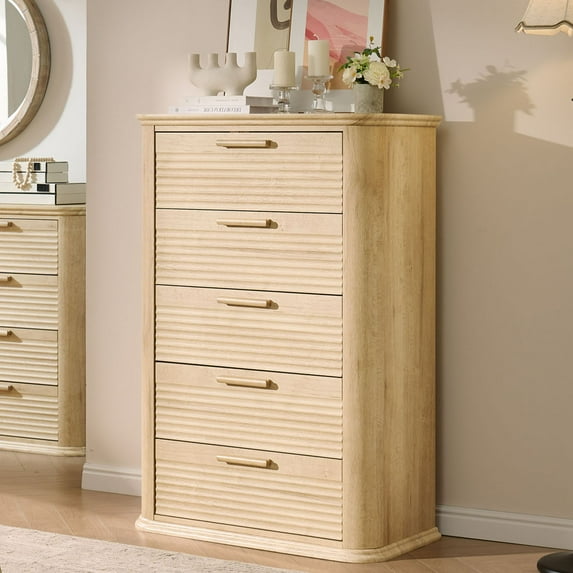 CQSXDA Modern 5 Drawers Dresser with Fluted Design in Wood, 45 Inch Tall for Bedroom and Living Room Storage Organizer, Oak