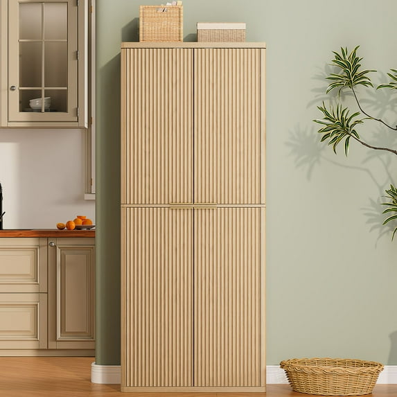 CQSXDA Modern 72 Inch Fluted Wood Storage Cabinet Features 6 Doors and Shelves for Kitchen Organization, Oak