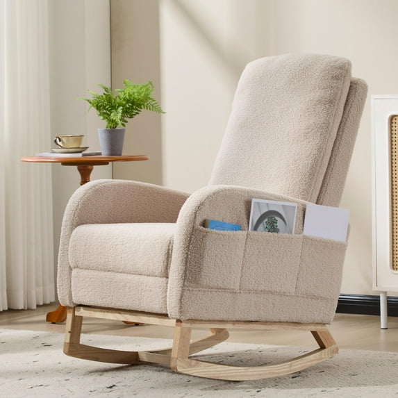 CQSXDA Modern Accent Rocking Chair with Solid Wood Legs and Side Pocket Upholstered Nursery Glider for Any Room, Beige