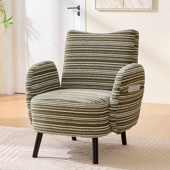 CQSXDA Modern Armchair In Sanded Fabric Featuring Solid Wood Legs And Side Pocket For Bedroom Or Office Use, Olive Green