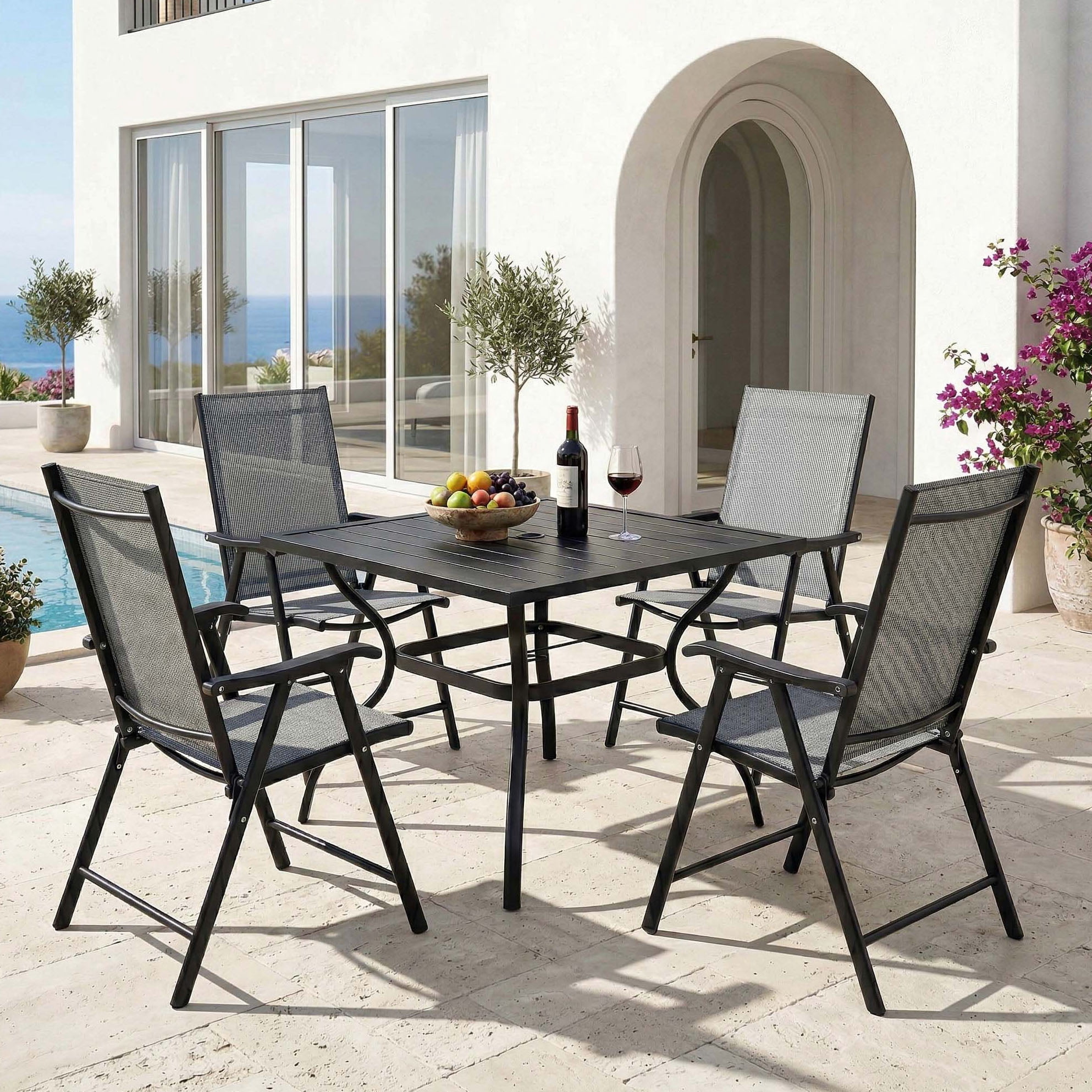 CQSXDA Modern Black Square Metal Outdoor Dining Table Set with 4 ...