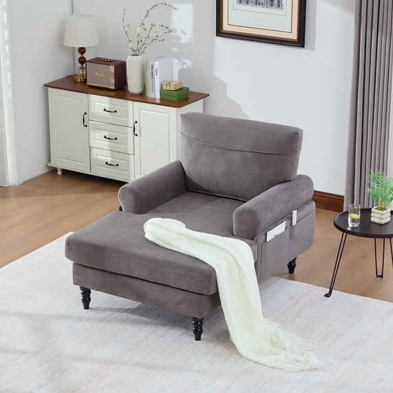 CQSXDA Modern Chaise Lounge Recliner In Chenille Fabric With Storage Pockets Ideal For Bedroom Living Room Use,Dark Gray