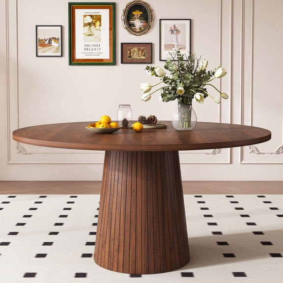CQSXDA Modern Farmhouse 47 Inch Round MDF Dining Table with Wood Strip Base Marble Veneer Table for Kitchen, Walnut