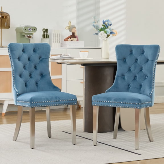 CQSXDA Modern High-End Upholstered Dining Chair Set of 2 Velvet with Chrome Plating Legs and Nailhead Trim, Light Blue