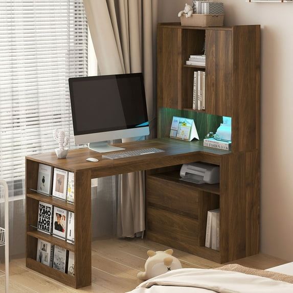 CQSXDA Modern L Shaped Desk with Drawers and Bookshelf, Corner Computer Desk with LED Light for Home Office Use