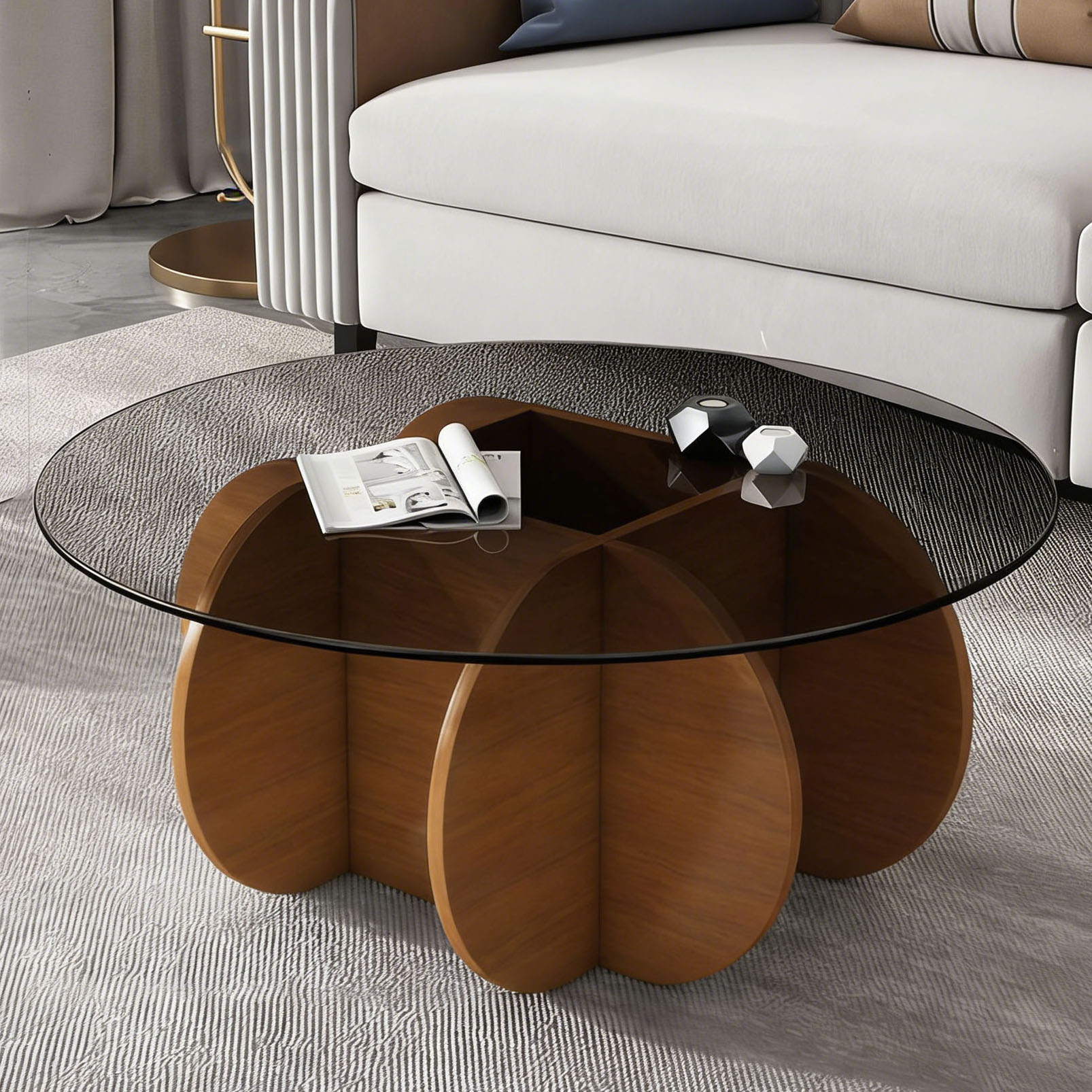 CQSXDA Modern Round Coffee Table with Tempered Glass Top and Wood in ...