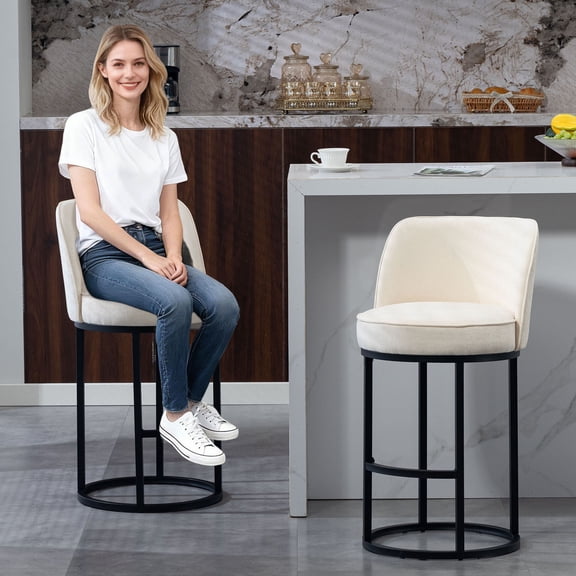 CQSXDA Modern Set of 2 Linen Fabric Upholstered Accent Bar Stools with Backrest, for Counter Height Kitchen Islands, Beige