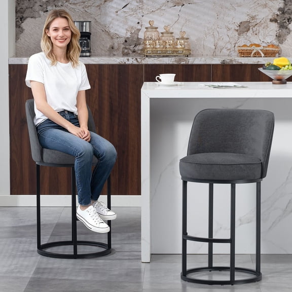 CQSXDA Modern Set of 2 Linen Fabric Upholstered Accent Bar Stools with Backrest, for Counter Height Kitchen Islands, Gray