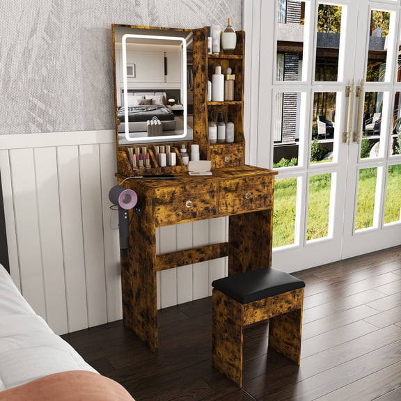 CQSXDA Modern Small Vanity Desk With Adjustable LED Lighting, 3 Drawers, Hair Dryer Holder And Power Socket Setup, Dressing Chair Included, Antique brown