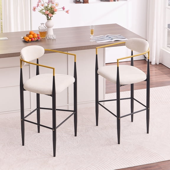 CQSXDA Modern Upholstered Bar Stool Set of 2 with Gold-Accented Armrests and Metal Frame 23 Inch Seat Height for Kitchen Use, Beige