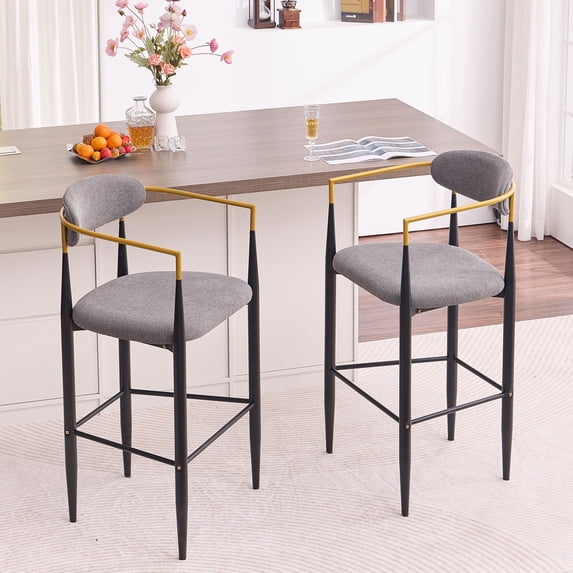 CQSXDA Modern Upholstered Bar Stool Set of 2 with Gold-Accented Armrests and Metal Frame 23 Inch Seat Height for Kitchen Use, Grey