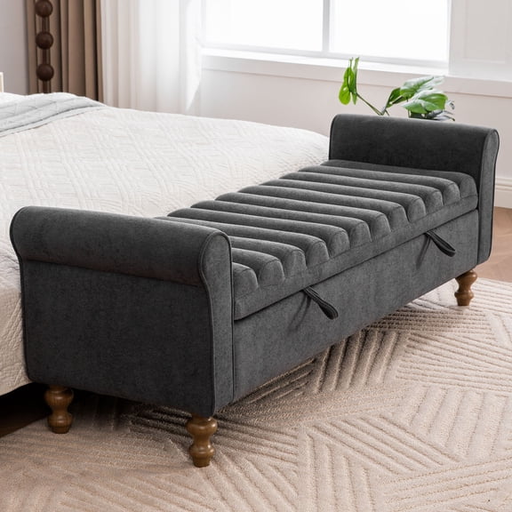 CQSXDA Modern Upholstered Storage Bench In Napped Fabric, 65.55 Inch Wide Bed End Furniture With Rolled Armrest And Rubberwood Legs, Charcoal