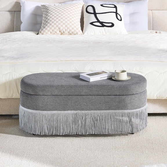 CQSXDA Multi-Functional Fringe Trim Oval Storage Ottoman With Lift-Top Lid 39 Inches Long With Metal Frame For Bedroom And Living Room, Grey