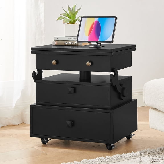 CQSXDA Multi-Functional High Gloss Lift Top End Table with Storage Drawers, Charging Station and Adjustable Height Design, Universal Wheels for Living Room, Black