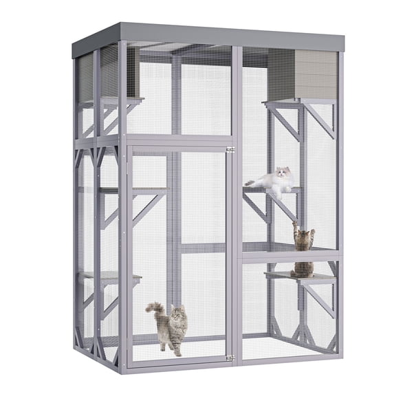 CQSXDA Multi-Functional Outdoor Wooden Catio with 4 Platforms and 2 Napping Houses, 2 Locks,Enclosure for Cats Play Rest
