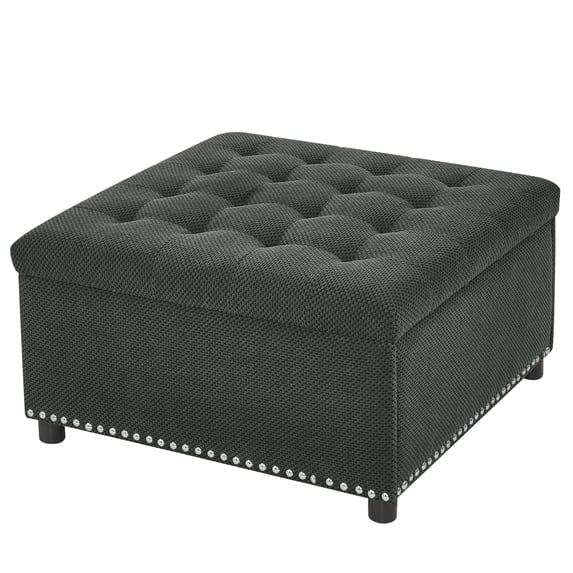 CQSXDA Multi-Functional Square Tufted Storage Ottoman With Nailhead Trim For Small Spaces Living Room Accent Furniture, Dark Grey