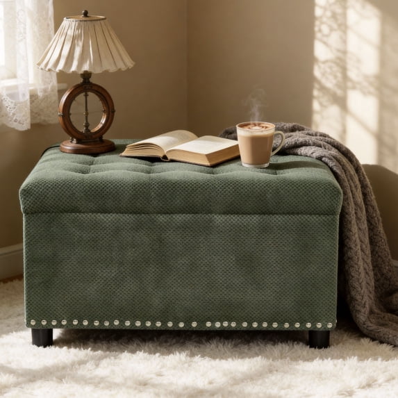 CQSXDA Multi-Functional Square Tufted Storage Ottoman With Nailhead Trim For Small Spaces Living Room Accent Furniture, Green