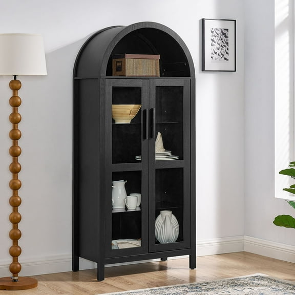 CQSXDA Multi-Functional Wooden Storage Cabinet with High Arch Design, Lamp Feature, and Adjustable Glass Sections for Home Use, Black