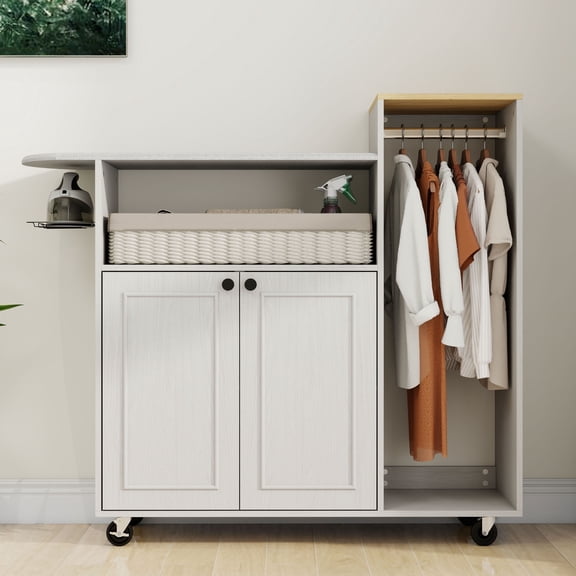 CQSXDA Multipurpose Ironing Cart, Antique White, with Rolling Board and Adjustable Shelf