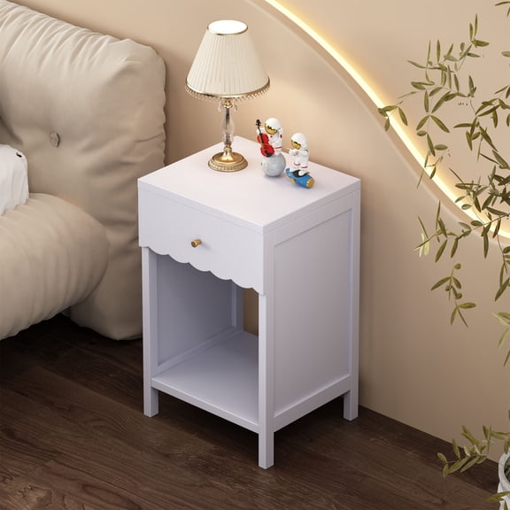 CQSXDA Nightstand with Drawer and Open Shelf in Light Purple, Scalloped Edge Bedside Table for Kids Room Decor