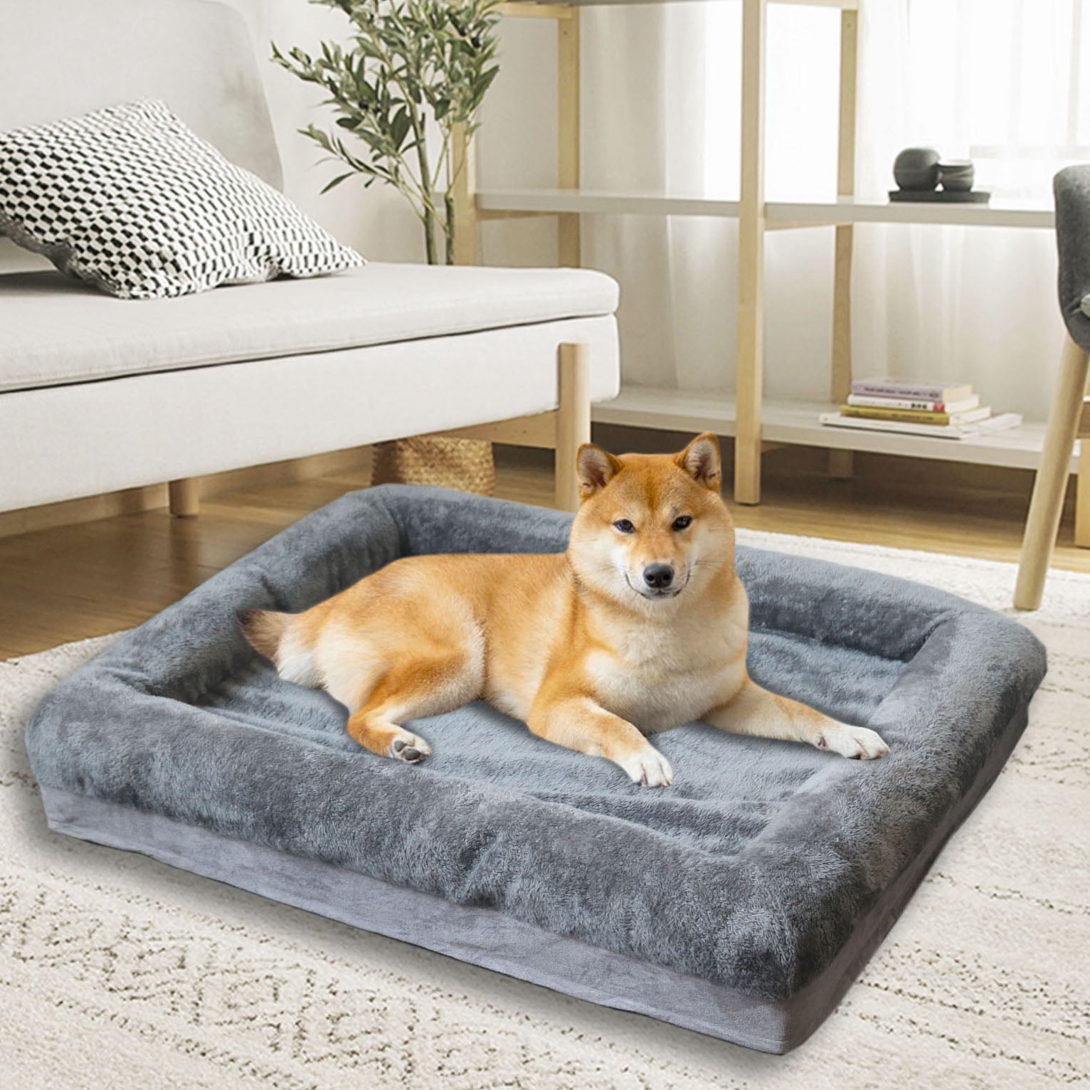 CQSXDA Nonskid Waterproof Dog Couch Bed With Memory Foam Filling And Removable Cover Suitable For Extra Large Dogs, Light Gray, Width 26In