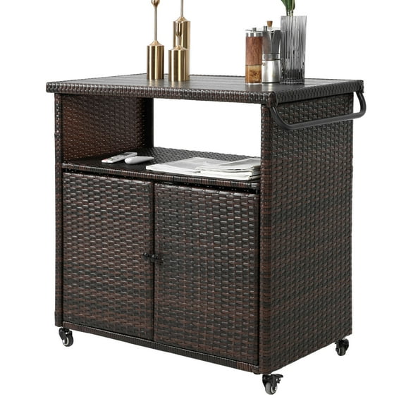 CQSXDA Outdoor Wicker Bar Cart Light Brown Glass Top With Wheeled Base Rattan Beverage Serving Table For Patio