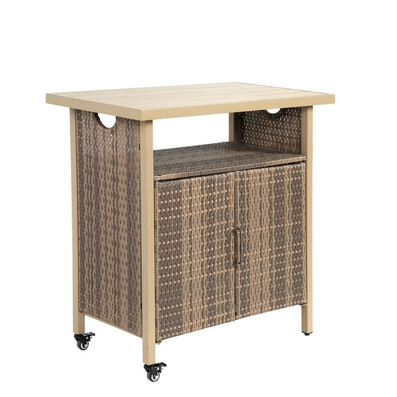 CQSXDA Outdoor Wicker Bar Cart With Wheels In Stylish Rattan Finish, 51 Inch Patio Serving Counter For Garden Parties