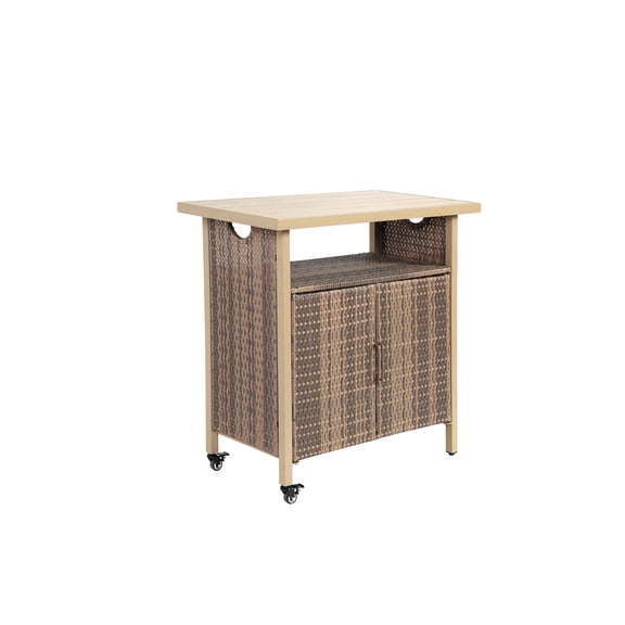 CQSXDA Outdoor Wicker Bar Cart with Wheels in Natural Brown, Rolling Rattan Beverage Serving Table for Porch and Poolside Parties，Beige