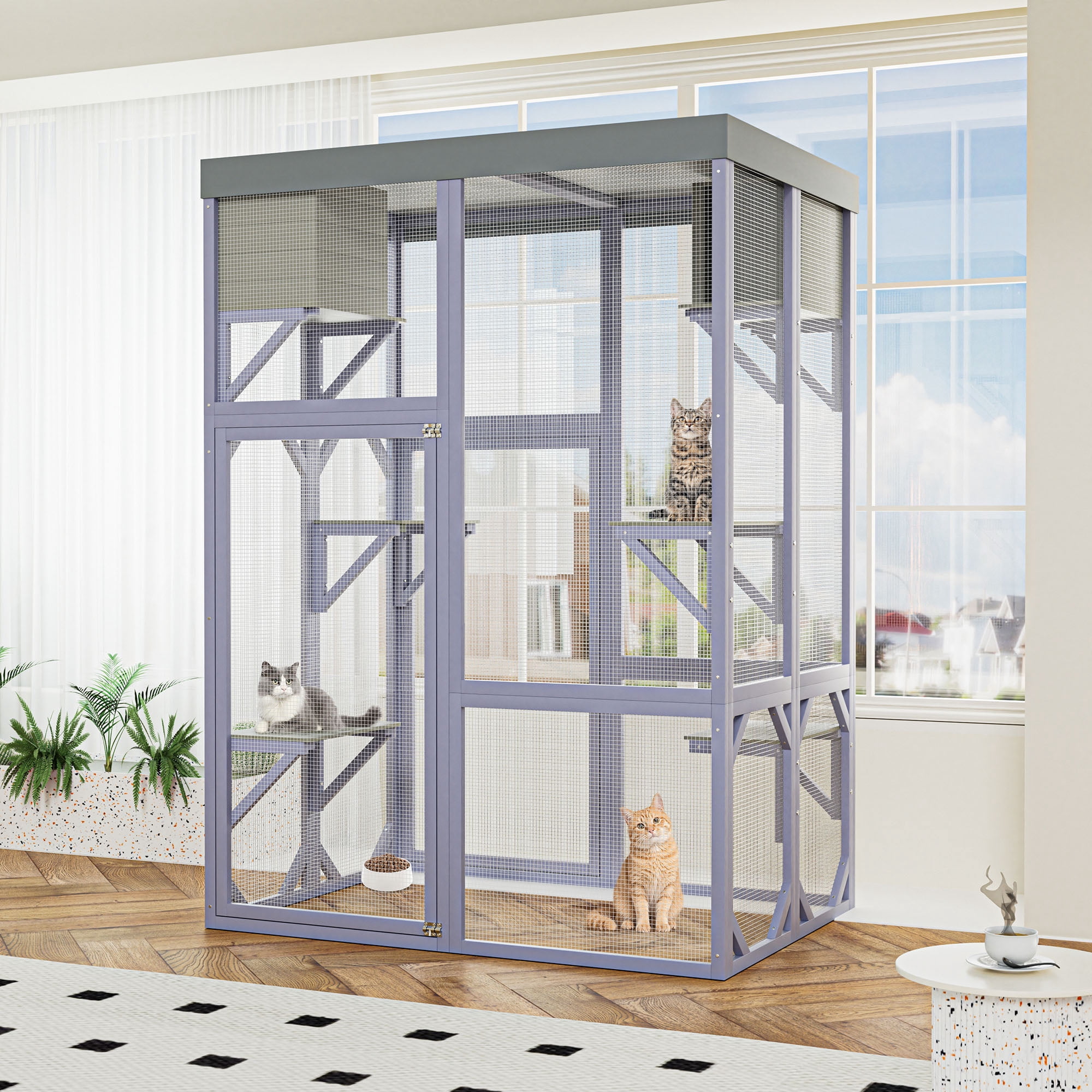 CQSXDA Outdoor Wooden  With 4 Platforms And 2 Napping Houses, Durable Cat Enclosure For Safe Outdoor Playtime