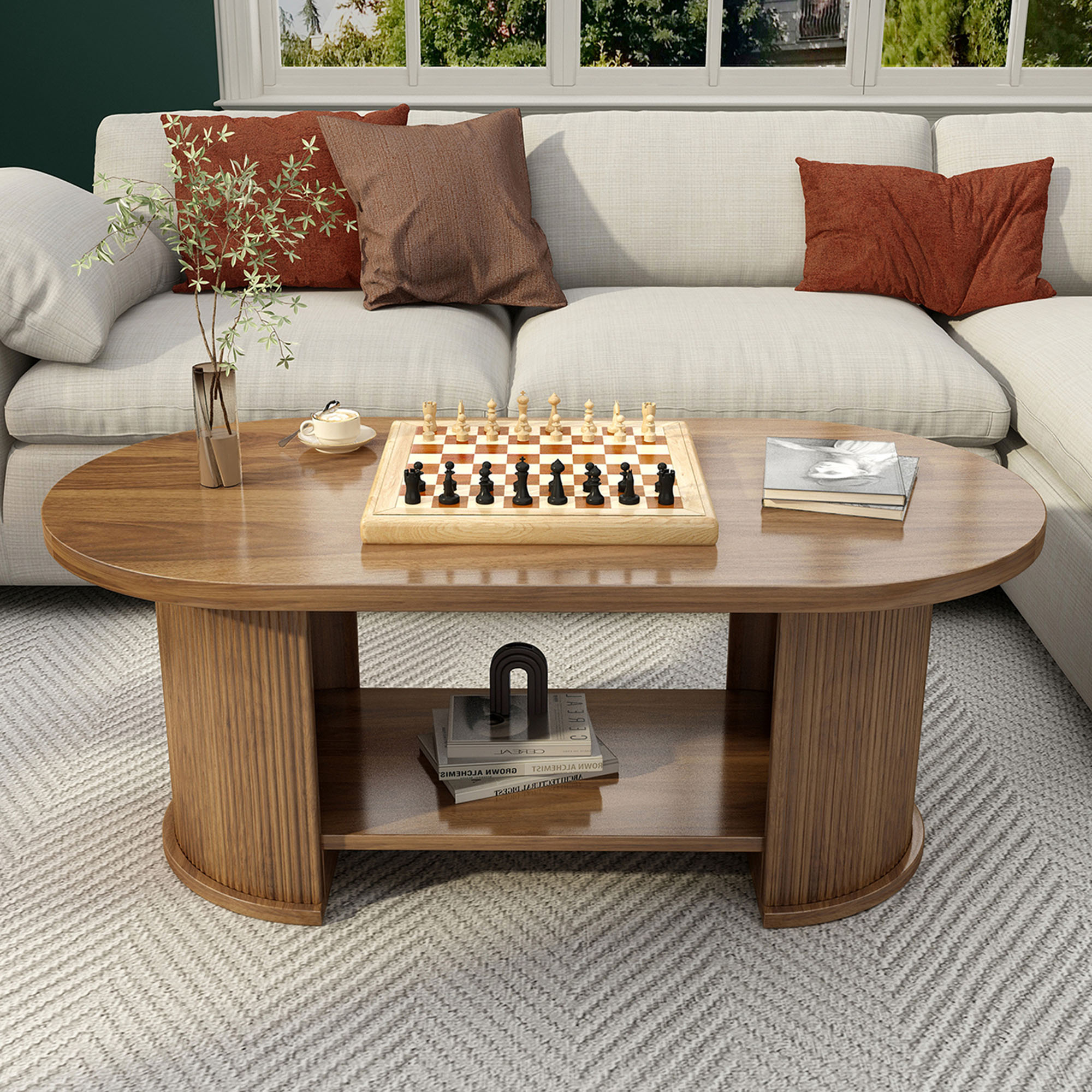 CQSXDA Oval Fluted Coffee Table in Walnut with 2-Tier Storage Shelf ...