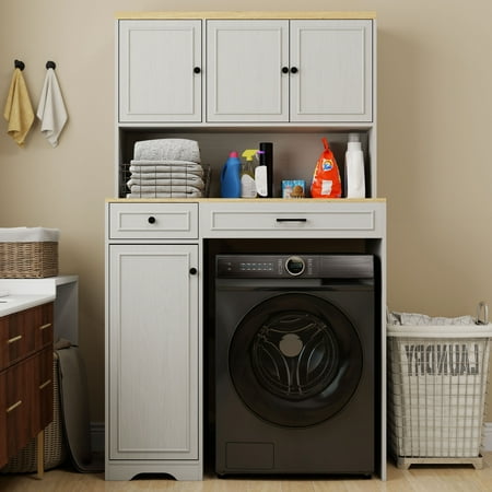 CQSXDA Over The Washer And Dryer Storage Cabinet In Antique White With 1 Laundry Basket, 4 Doors, 1 Drawer For Organizing
