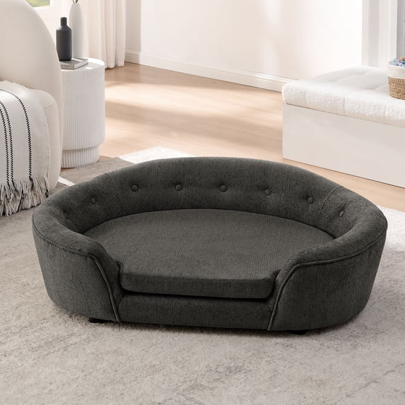 CQSXDA Oversized Oval Dog Sofa Linen with Button-Tufted Backrest for Your Pet's Relaxation, Dark Gray