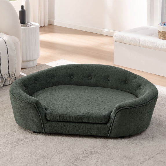 CQSXDA Oversized Oval Dog Sofa Linen with Button-Tufted Backrest for Your Pet's Relaxation, Olive Green