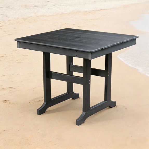 CQSXDA Patio Dining Table with Umbrella Hole, Weather Resistant, Rectangular Outdoor Furniture for Lawn and Yard,Black