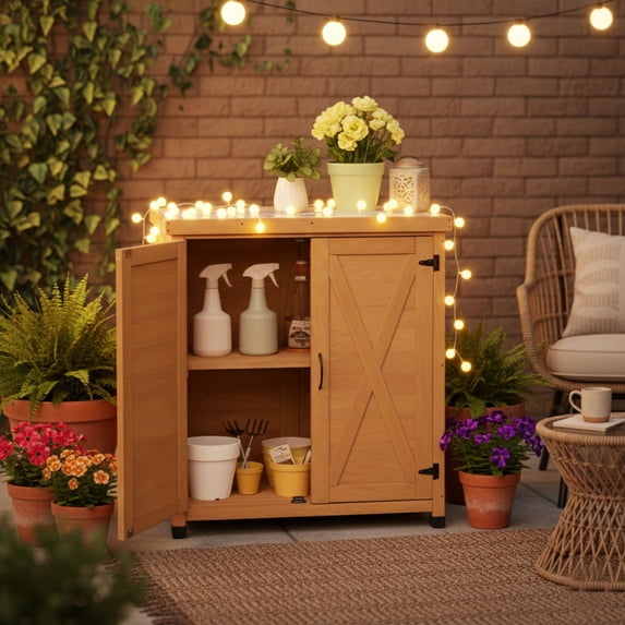 CQSXDA Potting Bench With Storage Cabinet And Metal Table Top Outdoor Gardening Work Station Table For Patio Use,Light Brown