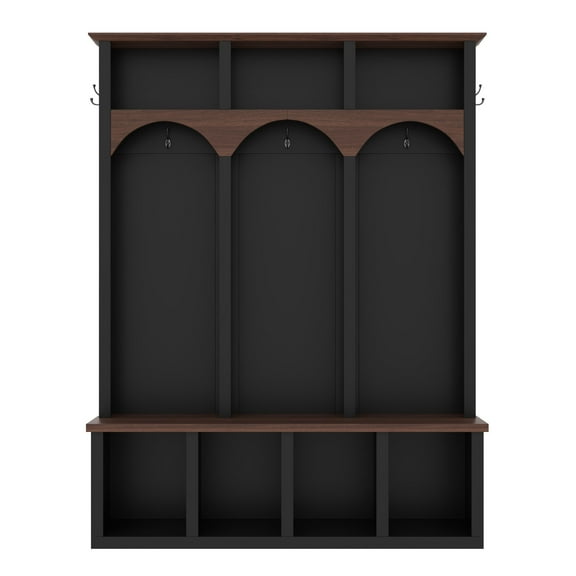 CQSXDA Practical Farmhouse Entryway Hall Tree Walnut Bench with 5 Black Hooks and 7 Cubbies for Stylish Storage Solutions, Black