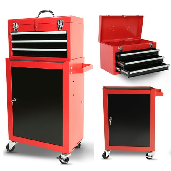 CQSXDA Red Metal Tool Storage Cabinet with 3 Drawers. Adjustable Shelf Tool Box, Removable Top Box