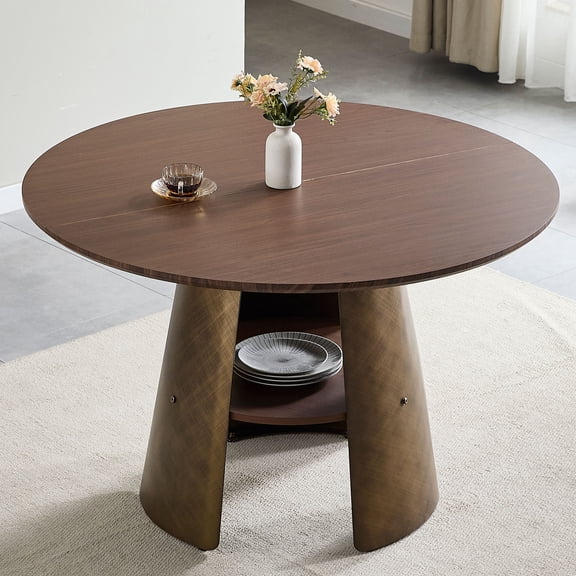 CQSXDA Retro Style 47.25 Inch Round Dining Table with Brushed Texture For 4-6 People, MDF and Metal Frame