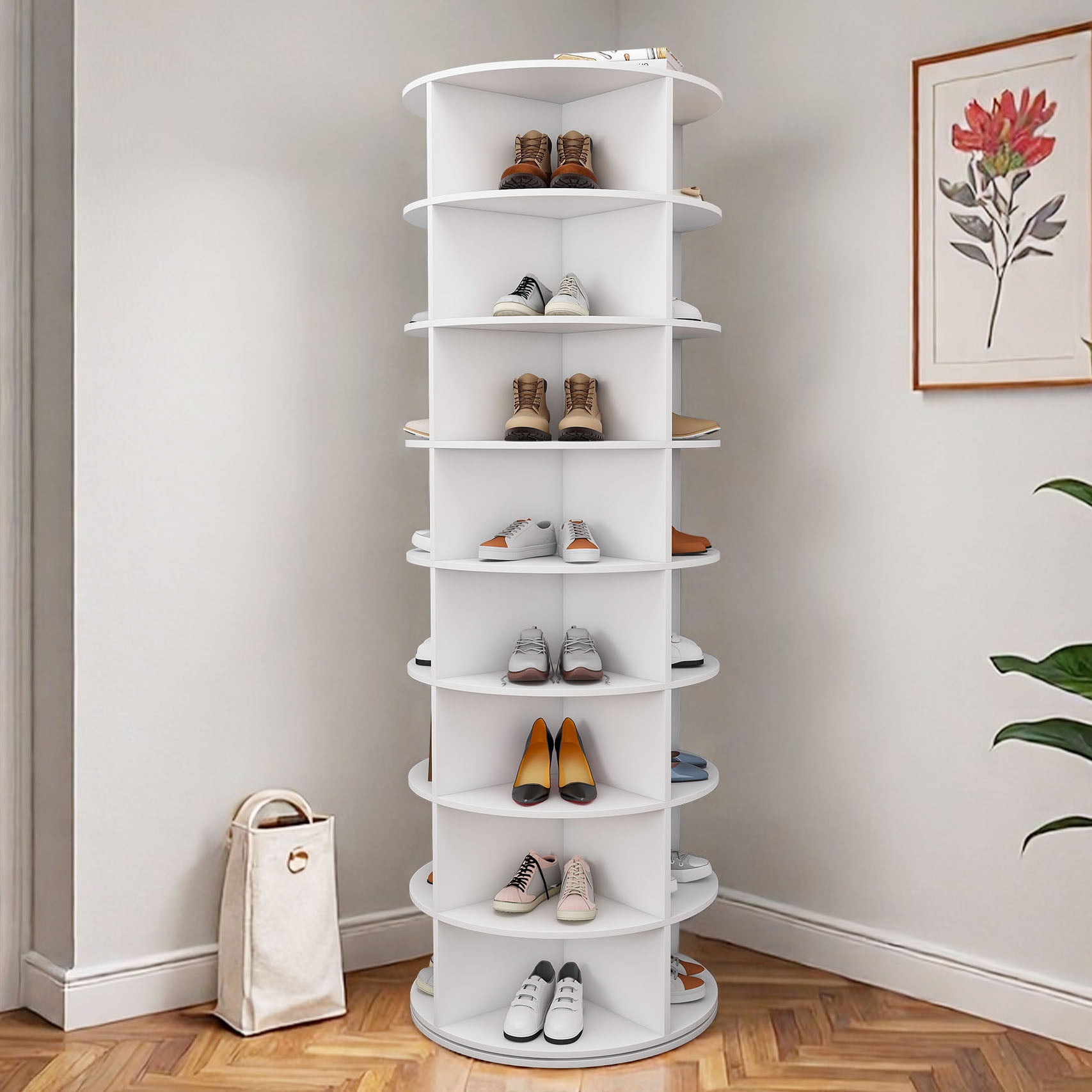 CQSXDA Rotating Shoe Rack Tower in White, 8-Tier Free Standing Revolving Organizer Holds Up to 32 Pairs of Shoes