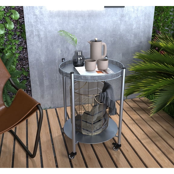 CQSXDA Round Coffee Table with Wheels in Silver Metal, 2-Tier Movable Design for Bedroom and Living Room Use