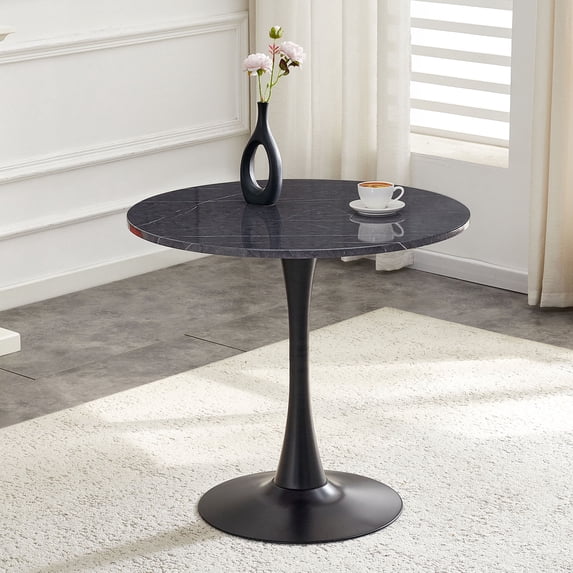 CQSXDA Round Dining Table 31.5 Inch Circle Tulip Table With Thickened Top & Metal Base Mid Century Modern Bistro Tab,Black+Gery