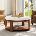 thumbnail image 1 of CQSXDA Round Ottoman Coffee Table Upholstered In Waterproof Linen With Adjustable Wheels And Two-Tier Wood Storage, Ivory White, 1 of 17
