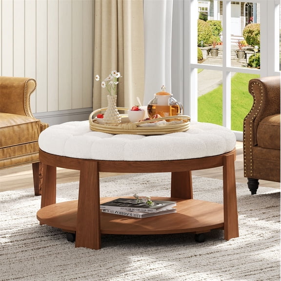 CQSXDA Round Ottoman Coffee Table Upholstered In Waterproof Linen With Adjustable Wheels And Two-Tier Wood Storage, Ivory White
