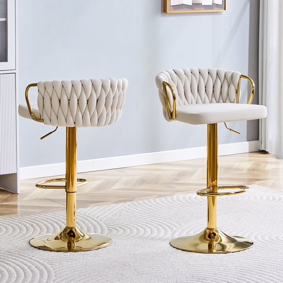 CQSXDA Set Of 2 Modern Velvet Braided Bar Stools With Adjustable Height Gold Metal Base Upholstered Bar Chairs, Beige,Gold