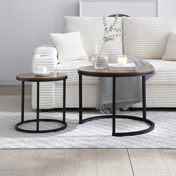 CQSXDA Set Of 2 Round Coffee Table Nesting With Top And Golden Frame Marble Pattern For Modern Living Room,Walnut